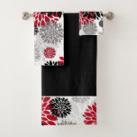 Black Gray Red Flower Pattern Bath Towel Set