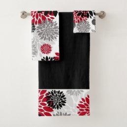Black Gray Red Flower Pattern Bath Towel Set