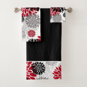 Black Gray Red Flower Pattern Bath Towel Set