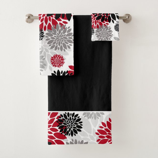 Black Gray Red Flower Pattern Bath Towel Set (Insitu)