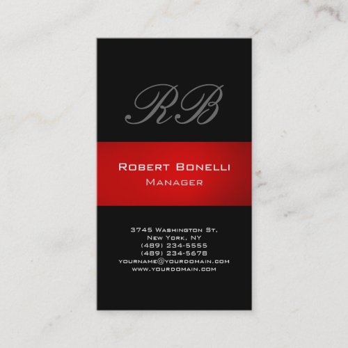 Black Gray Red Stripe Monogram Business Card