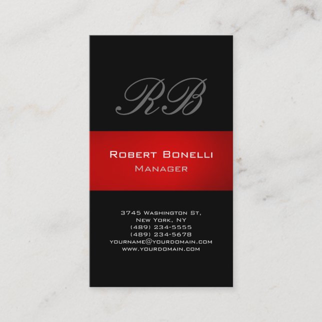 Black Gray Red Stripe Monogram Business Card (Front)