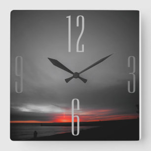Black Gray Red Sunrise Square Wall Clock