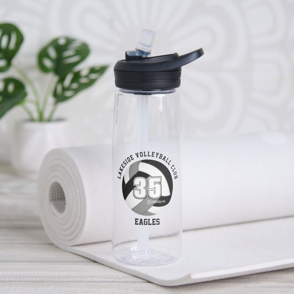 Black gray school club team colors volleyball water bottle