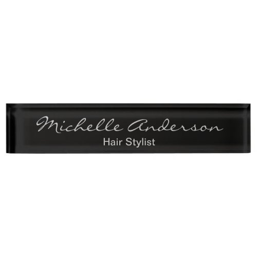 Black Gray Script Hair Stylist Nameplate