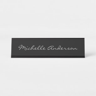 Black Gray Script Handwriting Name Minimalist Cute Desk Name Plate