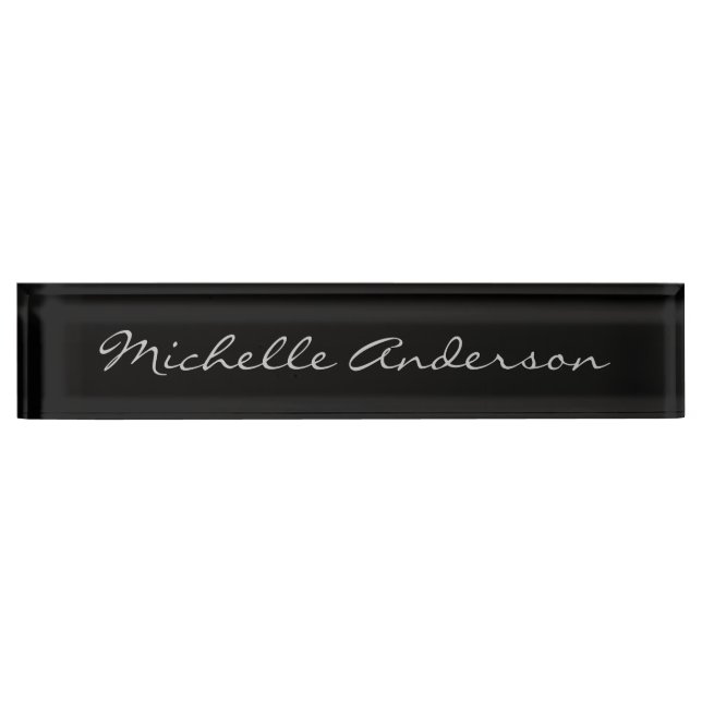 Black Gray Script Handwriting Name Minimalist Cute Desk Name Plate (Front)