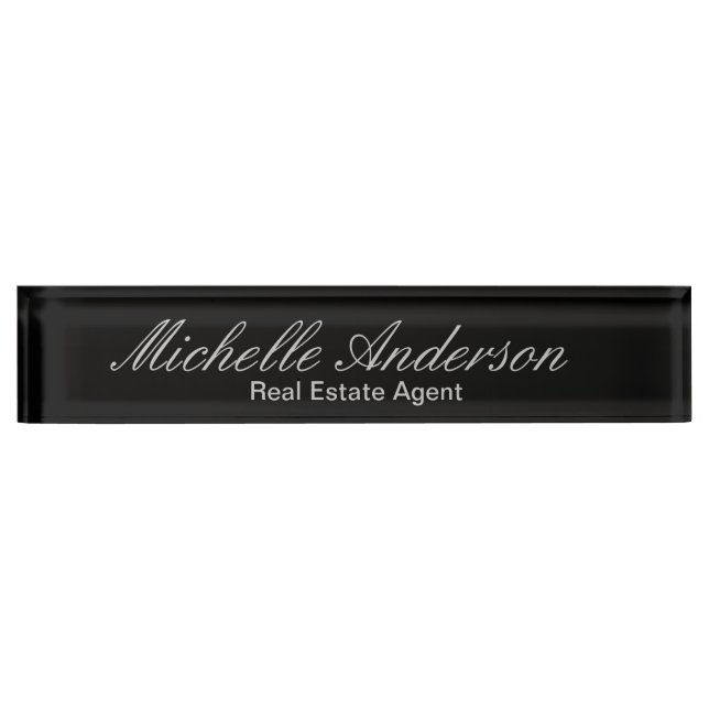 Black Gray Script Real Estate Agent Nameplate (Front)