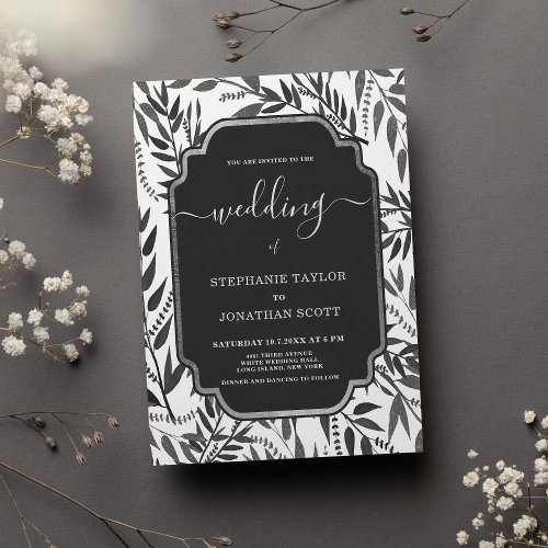Black gray silver calligraphy foliage wedding invitation