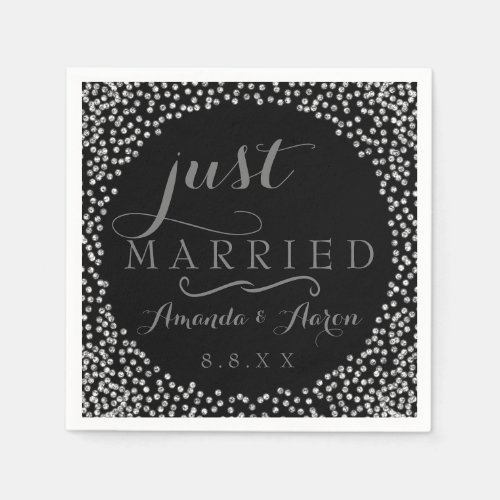 Black Gray Silver  Confetti Wedding Just Married Napkins