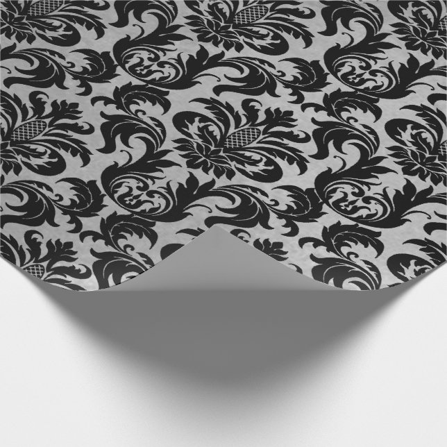 Black Gray Silver Crystal Metallic Damask Wrapping Paper (Corner)