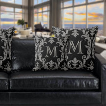 Black & Gray Silver Damask Floral Swirls Monogram