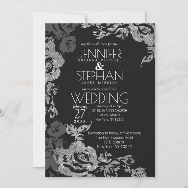Black Gray Silver Glitter Floral Wedding Invitation (Front)