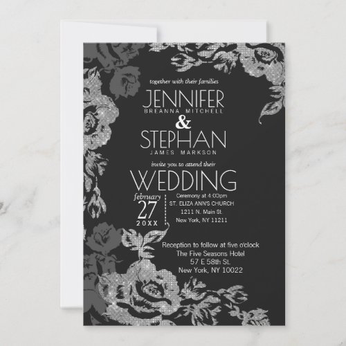 Black Gray Silver Glitter Floral Wedding Invitation