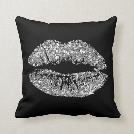 Black Gray Silver Glitter Kiss Lips Makeup Sparkly Throw Pillow