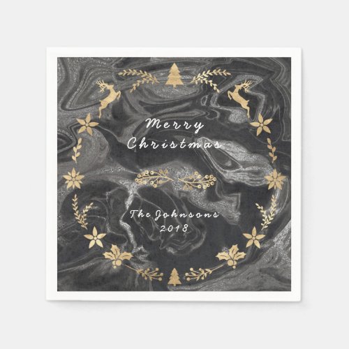 Black Gray Silver Marble Gold Christmas Napkins