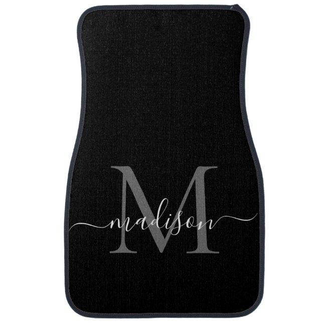 Black Gray Silver Monogram Elegant Girly Script Car Floor Mat (Front)