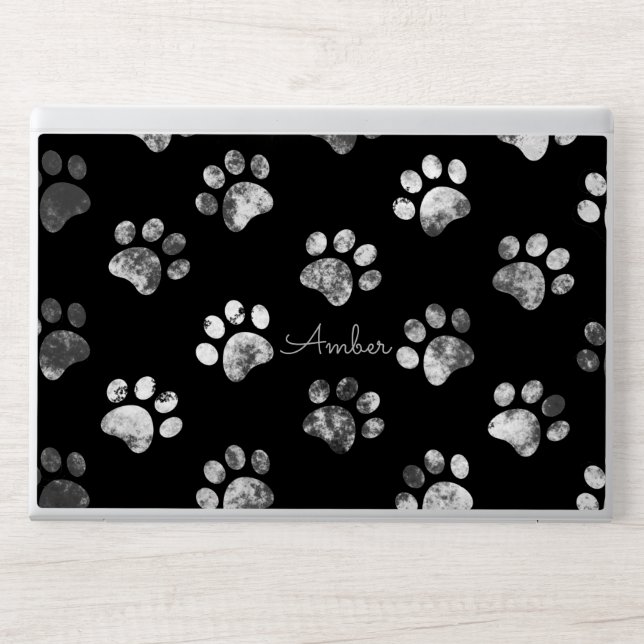 Black Gray Silver Textured Paw Print Personalized  HP Laptop Skin (Front)