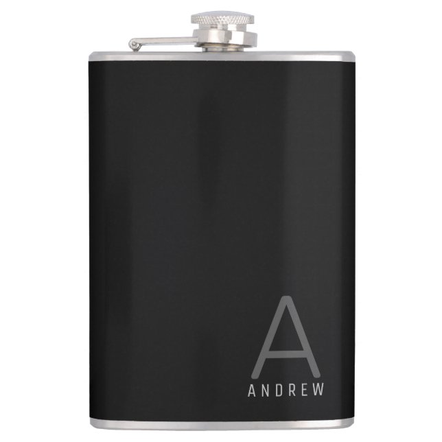 Black Gray Simple Modern Monogram Personalized Flask (Front)