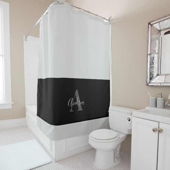 Black & Gray Simple Monogram Name Shower Curtain (In Situ)