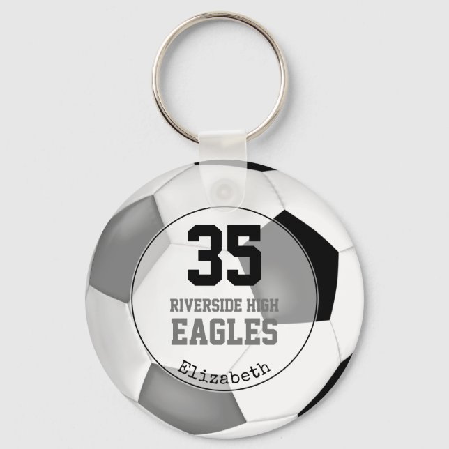 black gray simple team colors soccer ball girls' keychain (Front)