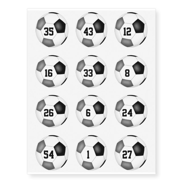 black gray soccer balls w jersey numbers set of 12 temporary tattoos (Front)