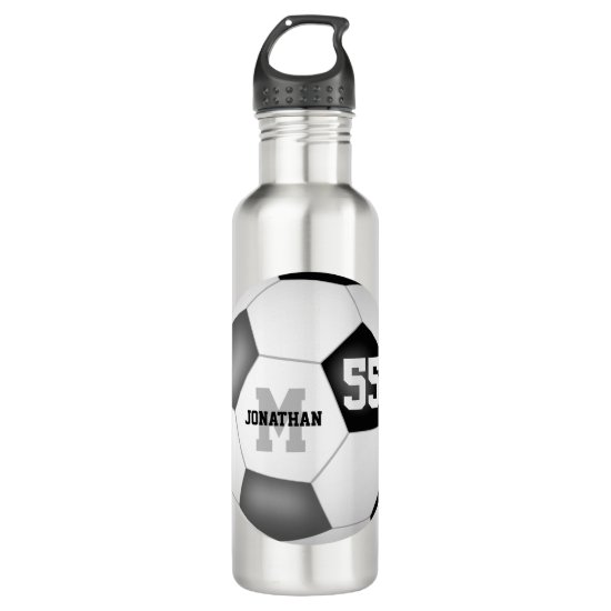 black gray soccer team colors boys girls stainless steel water bottle