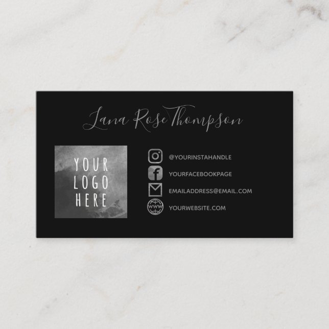 Black Gray Social Media Icons Photo & Logo Business Card (Front)