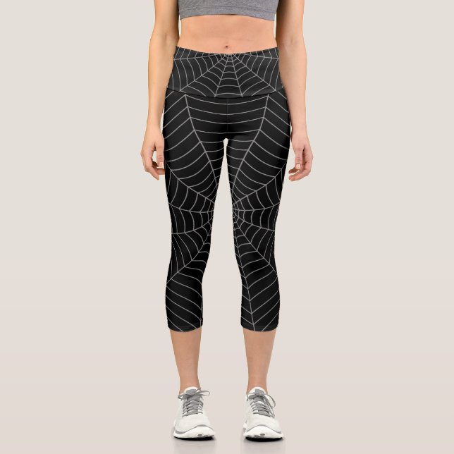 Black gray spider web Halloween pattern Capri Leggings (Front)