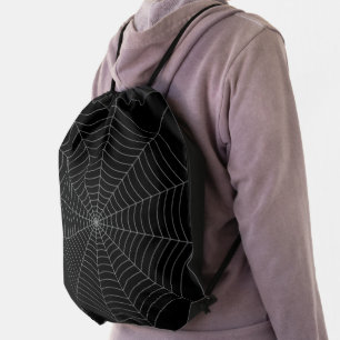 Black gray spider web Halloween pattern Drawstring Bag