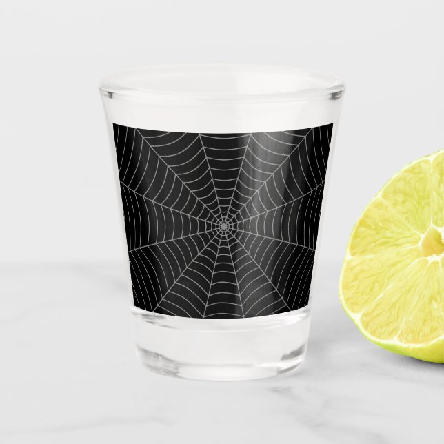 Black gray spider web Halloween pattern Shot Glass (Front)