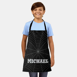 Black gray spider web Halloween pattern Your name Apron