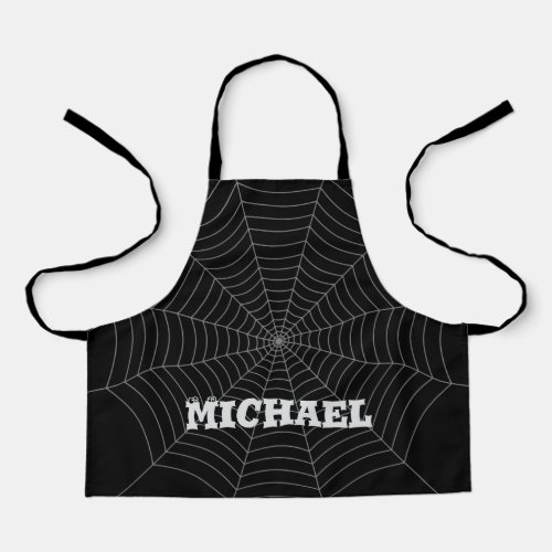 Black gray spider web Halloween pattern Your name Apron