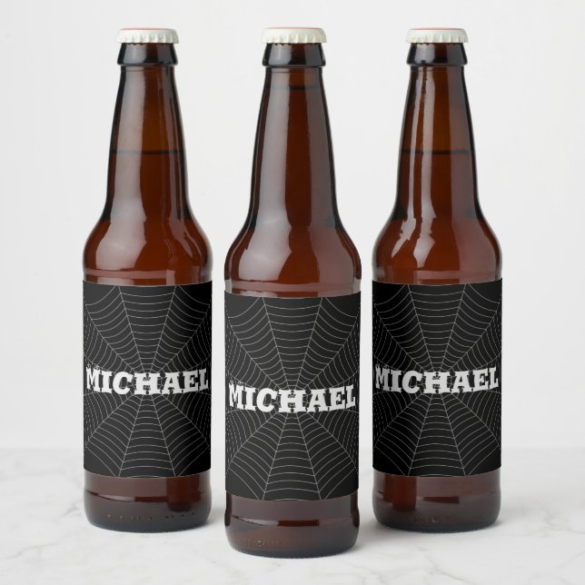 Black gray spider web Halloween pattern Your name Beer Bottle Label (Bottles)