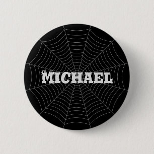 Black gray spider web Halloween pattern Your name Button