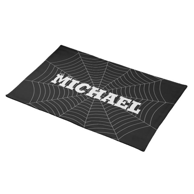 Black gray spider web Halloween pattern Your name Cloth Placemat (On Table)