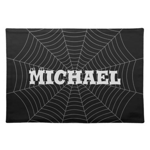 Black gray spider web Halloween pattern Your name Cloth Placemat