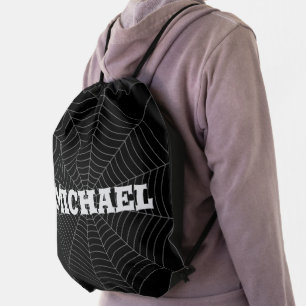 Black gray spider web Halloween pattern Your name Drawstring Bag