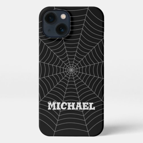 Black gray spider web Halloween pattern Your name iPhone 13 Case