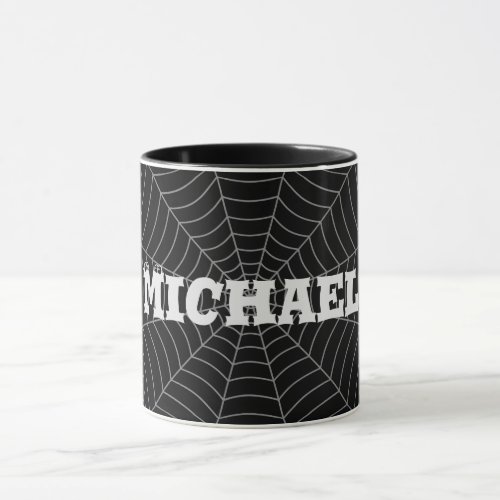 Black gray spider web Halloween pattern Your name Mug