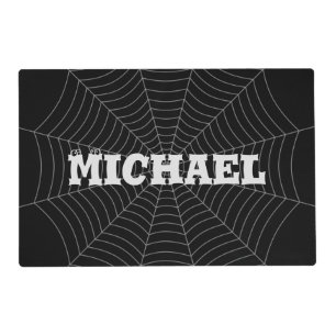 Black gray spider web Halloween pattern Your name Placemat