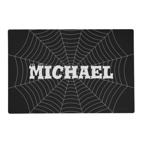 Black gray spider web Halloween pattern Your name Placemat