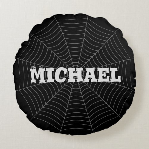 Black gray spider web Halloween pattern Your name Round Pillow