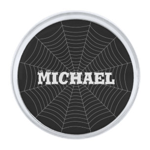 Black gray spider web Halloween pattern Your name Silver Finish Lapel Pin