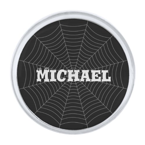 Black gray spider web Halloween pattern Your name Silver Finish Lapel Pin