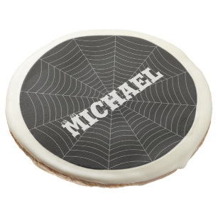 Black gray spider web Halloween pattern Your name Sugar Cookie