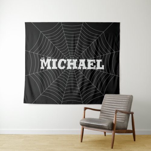 Black gray spider web Halloween pattern Your name Tapestry