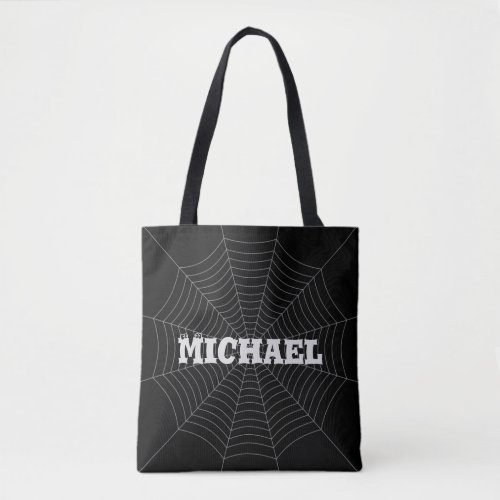 Black gray spider web Halloween pattern Your name Tote Bag