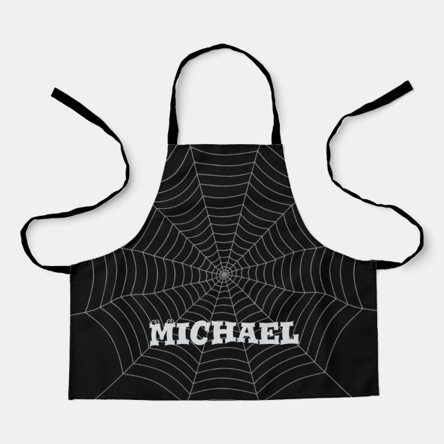 Black gray spider web Halloween Your Custom name Apron (Front)
