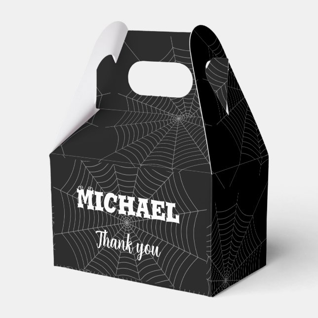 Black gray spider web Halloween Your Custom name Favor Boxes (Front Side)